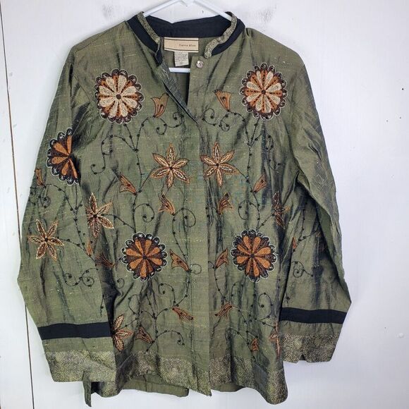 Carrie Allen Jacket Womens M Silk Embroidered Fall Florals Inverted Collar - Picture 1 of 10